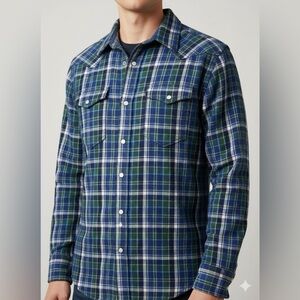 Gap 1969 Plaid‎ Flannel Shacket Button-Down Shirt Blue Green White Mens M Unisex